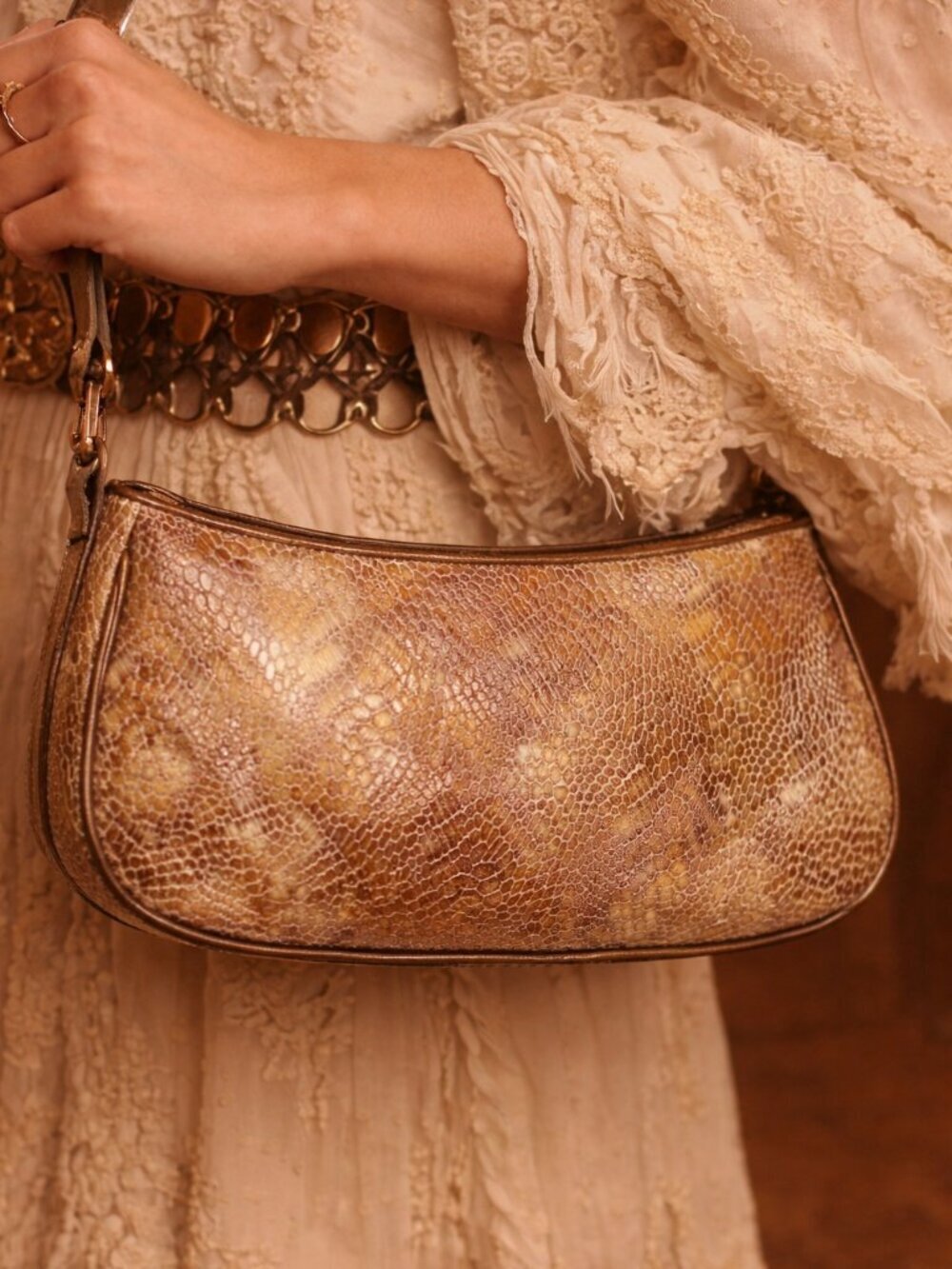 Brahmin Roxanne Metallic Copper Bronze Snakeskin Style Patent Shoulder Bag